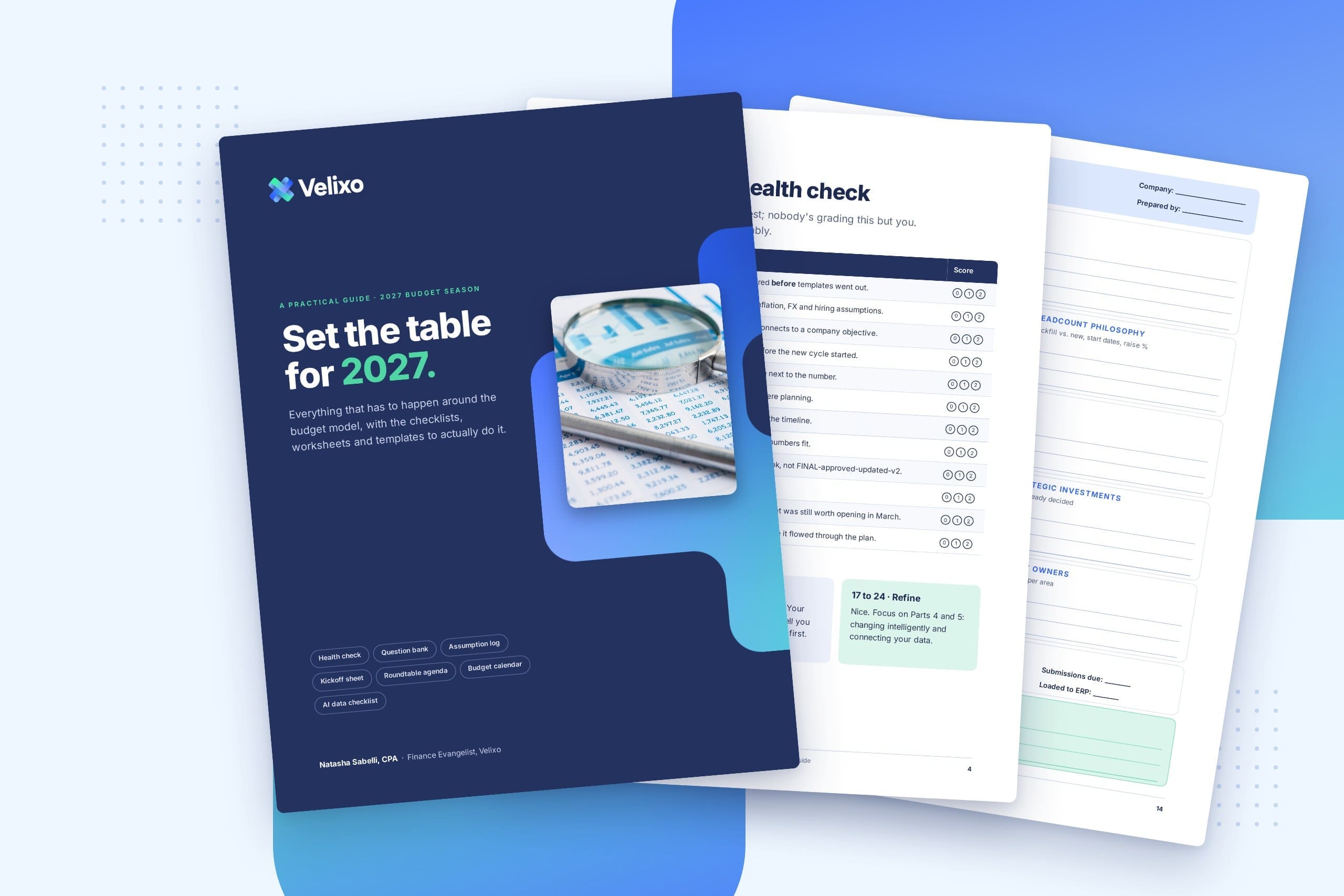 Set the Table for 2027 annual budget planning workbook by Velixo, showing the cover, budget process health check and Kickoff Sheet pages